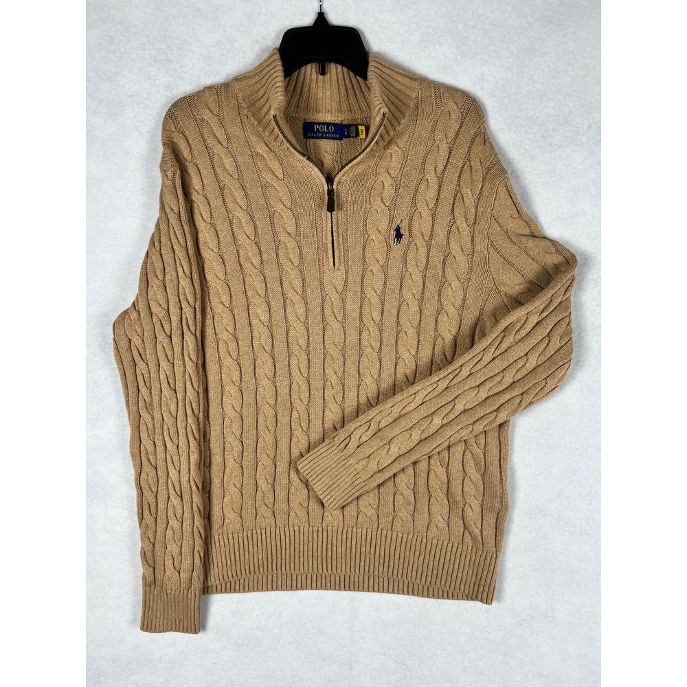 Polo Ralph Lauren Mens Large Tan Cable Knit Quarter Zip Cotton Sweater
